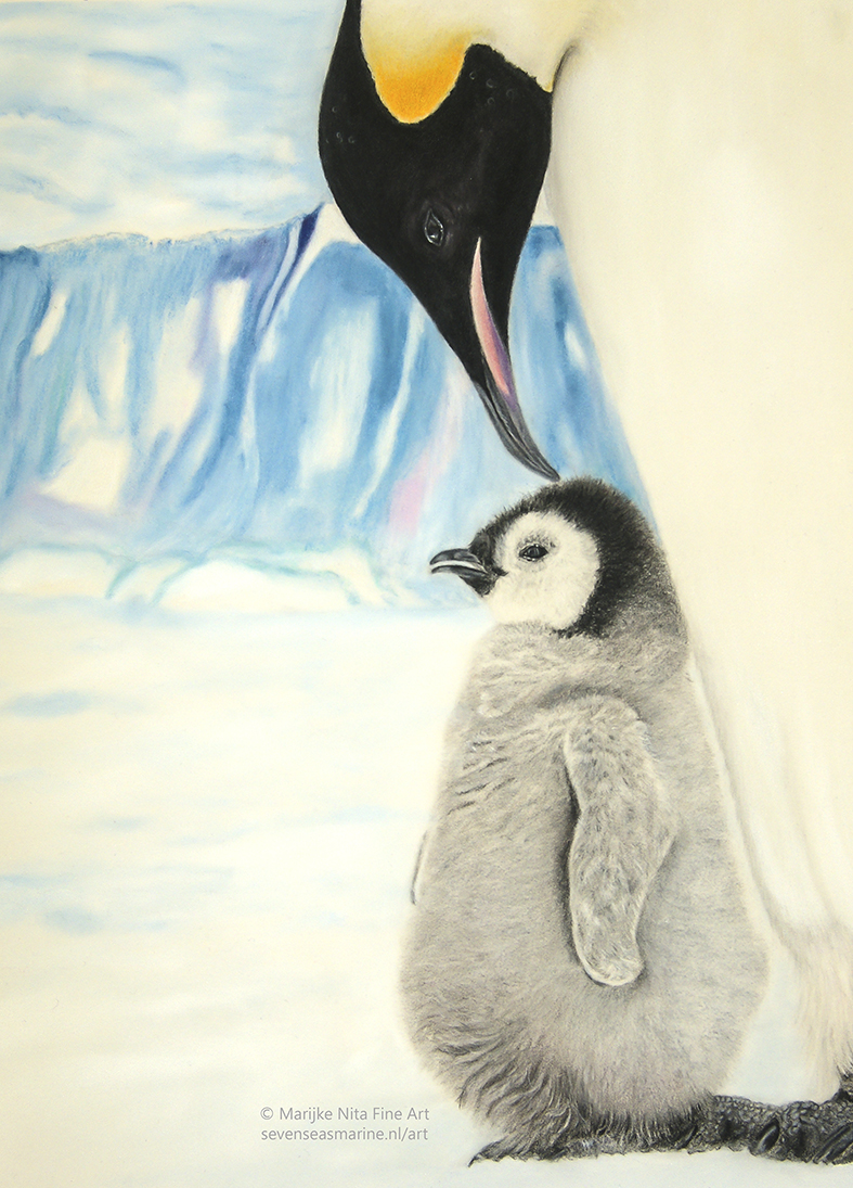 Emperor penguins in mixed media